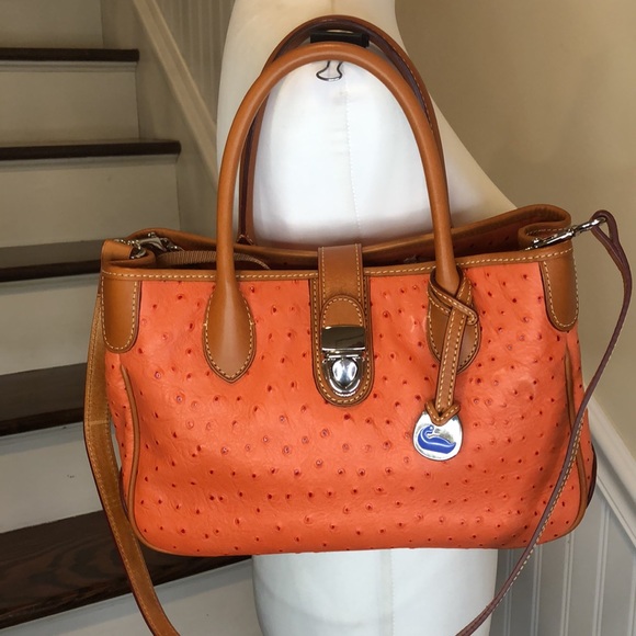 Dooney & Bourke Handbags - DOONEY & BOURKE Orange Ostrich Print Leather Crossbody Shoulder Laptop Bag NWOT